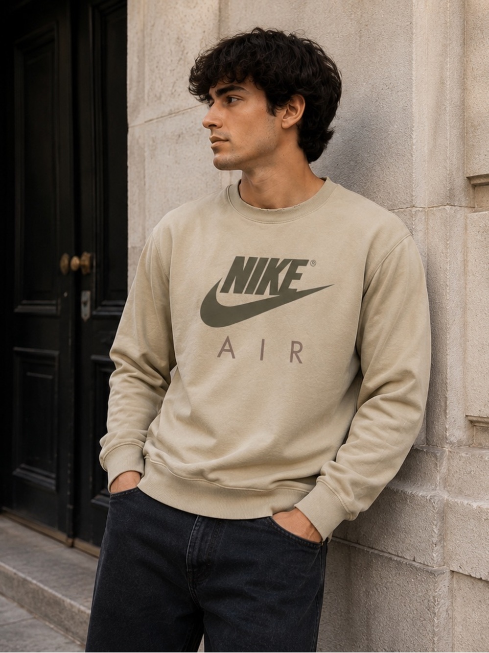 Nike Beige Sweatshirt with Olive Logo and Mauve AIR Letters